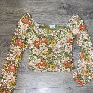 WEST OF MELROSE Floral Scoop-Neck Long Sleeve Crop Mesh Ruched Top- Green/Orange